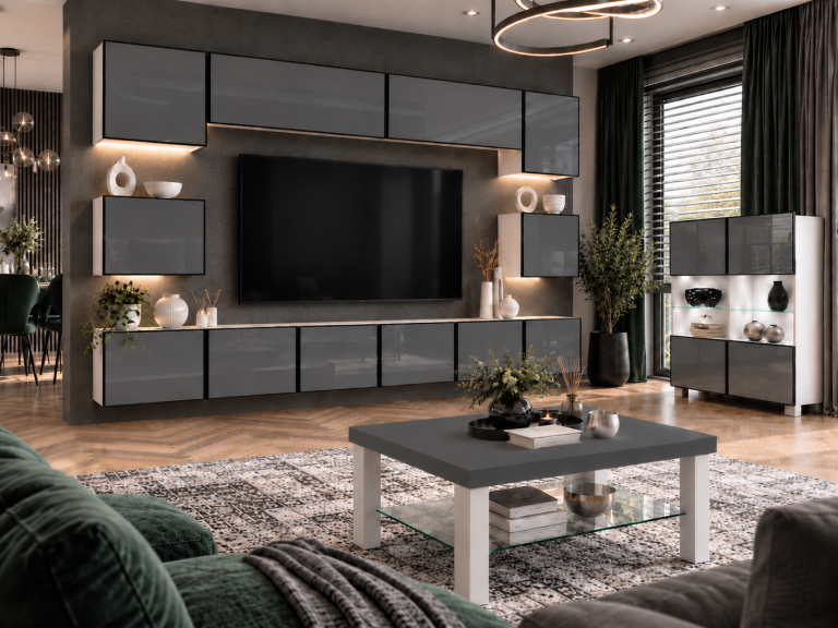 Parete attrezzata Linea 300 cm TV/RTV grigia lucida Produttore IMP L Tarantino 3/5/W/S/0/0