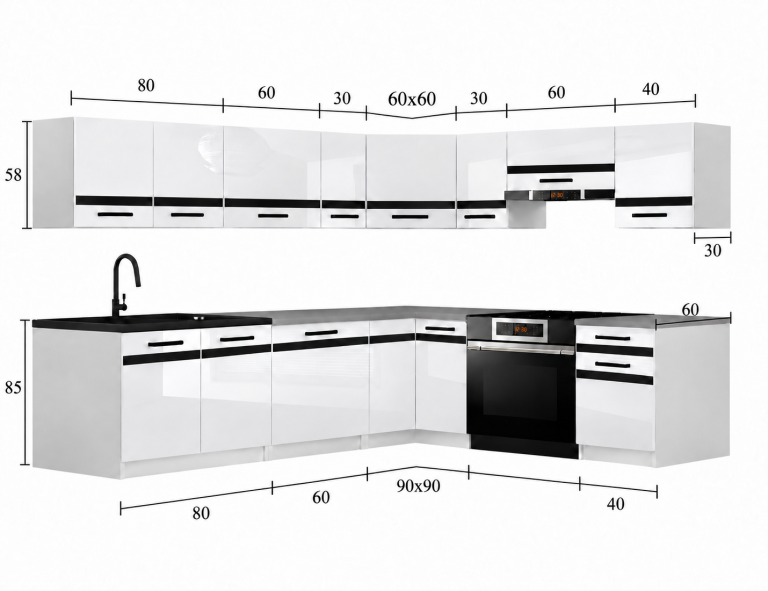 Mobili da cucina Prestige 420 cm grigio brillante senza piano di lavoro Produttore INF P Gustav/0/WT/S/BB/C1/SL