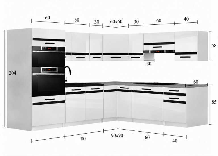 Mobili da cucina Prestige 420 cm nero brillante con piano di lavoro Produttore INF P Diego/0/WT/B/0/C1/SL