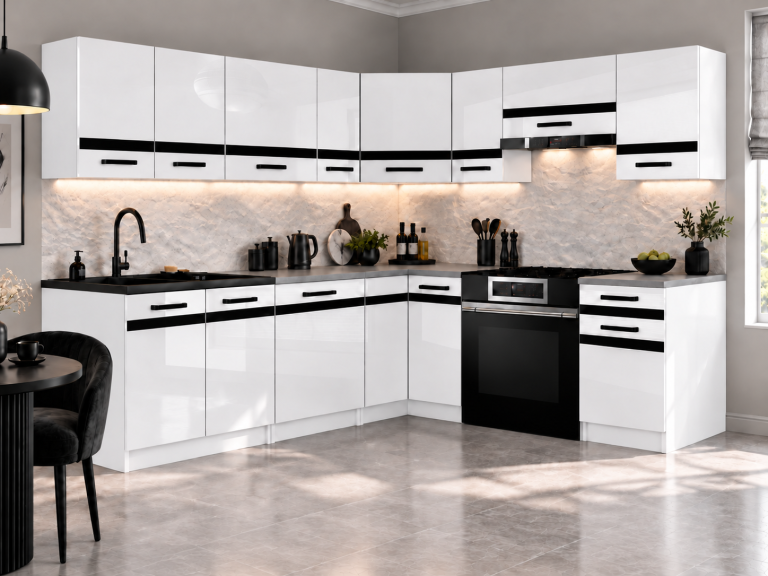 Mobili da cucina Prestige 420 cm bianco brillante con piano di lavoro Produttore INF P Gustav/0/WT/W/0/0/CM