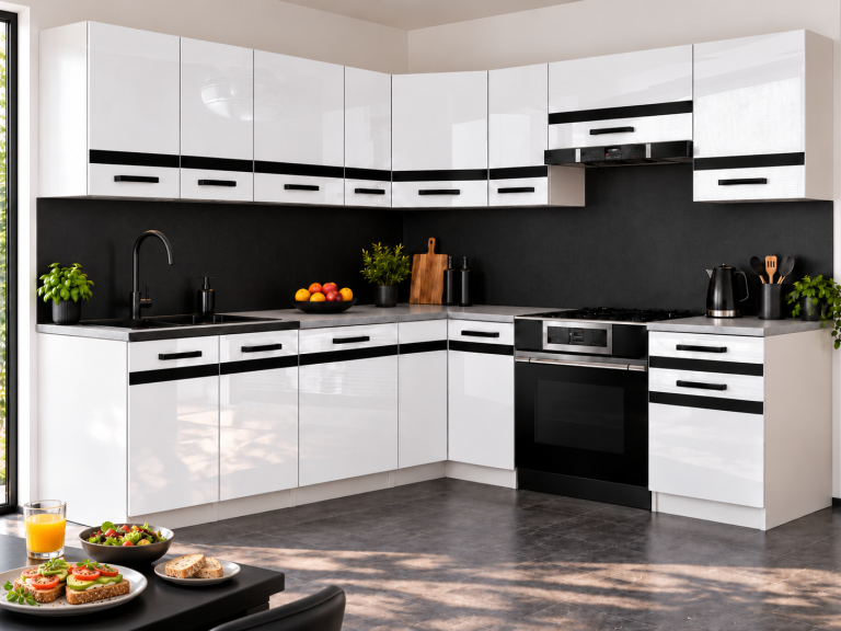 Mobili da cucina Prestige 420 cm bianco brillante con piano di lavoro Produttore INF P Gustav/0/WT/W/0/A1/CM