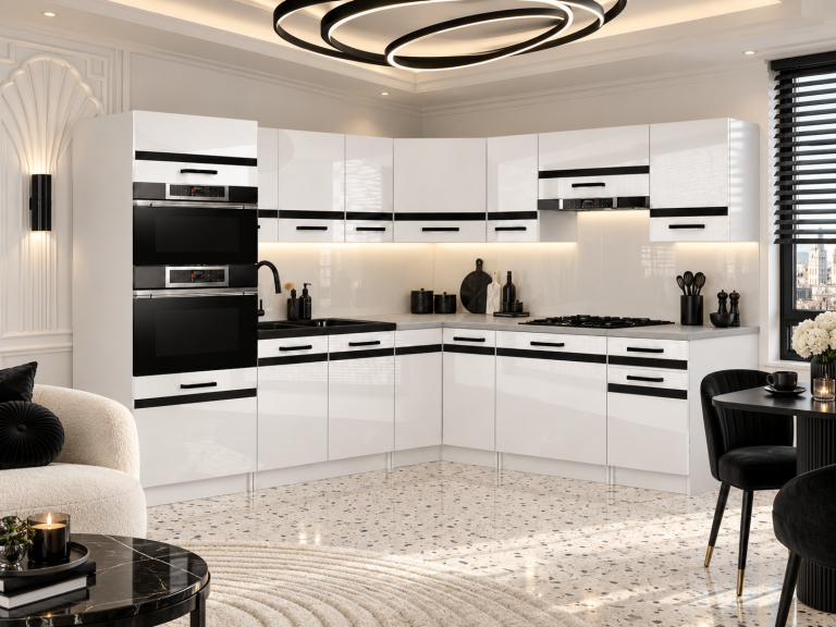 Mobili da cucina Prestige 420 cm bianco brillante senza piano di lavoro Produttore INF P Diego/0/WT/W/BB/A1/CM
