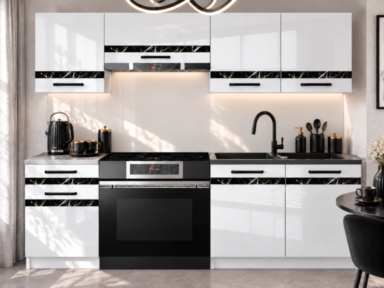 Meble kuchenne Prestige 180 cm biały połysk z blatem Producent INF P Leonardo/0/WT/W/0/A1/CS