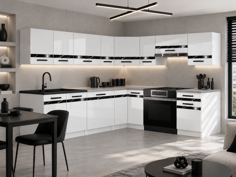 Mobili da cucina Prestige 420 cm bianco brillante senza piano di lavoro Produttore INF P Gustav/0/WT/W/BB/A1/CS