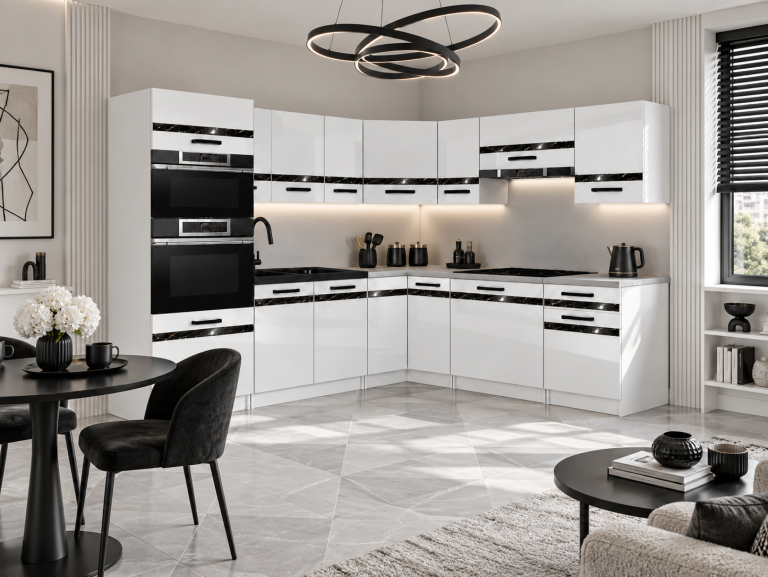 Mobili da cucina Prestige 420 cm bianco brillante senza piano di lavoro Produttore INF P Diego/0/WT/W/BB/A1/CS