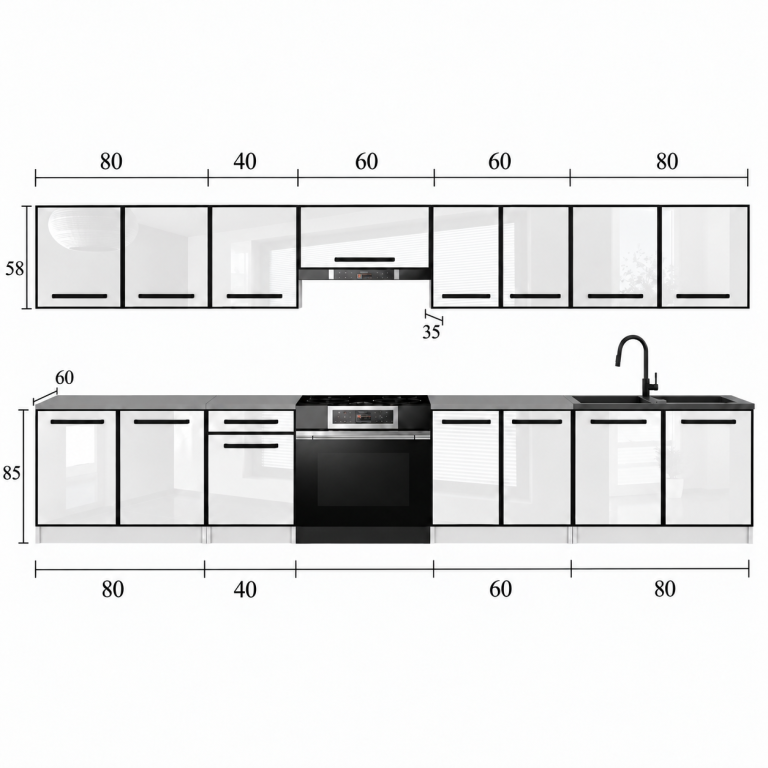 Meble kuchenne Linea 320 cm biały połysk bez blatu Producent INF L Vincent/0/WT/W/BB/A1