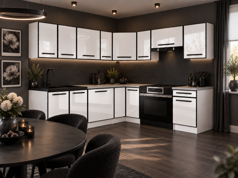 Meble kuchenne Linea 420 cm biały połysk z blatem Producent INF L Gustav/0/WT/W/0/A1