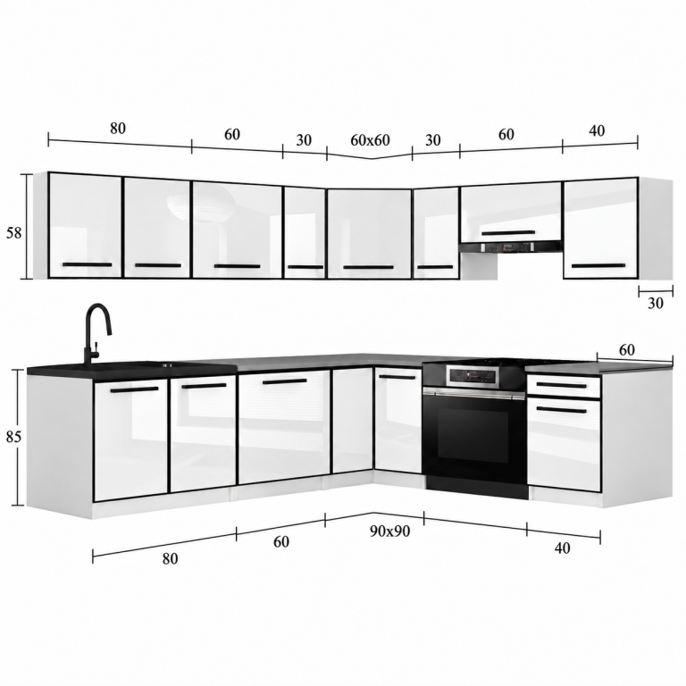 Meble kuchenne Linea 420 cm biały połysk bez blatu Producent INF L Gustav/0/WT/W/BB/0
