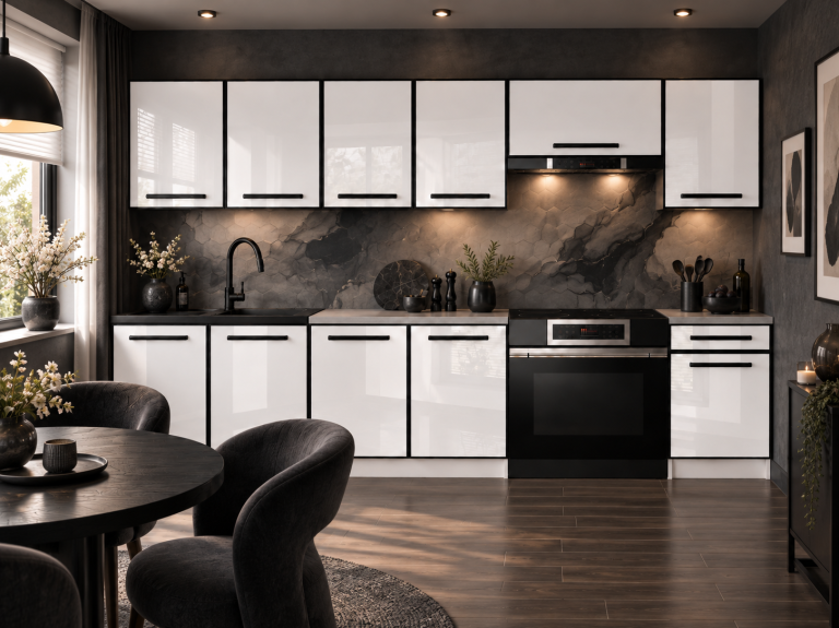 Mobili da cucina Linea 260 cm bianco brillante senza piano di lavoro Produttore INF L Frida/0/WT/W/BB/A1