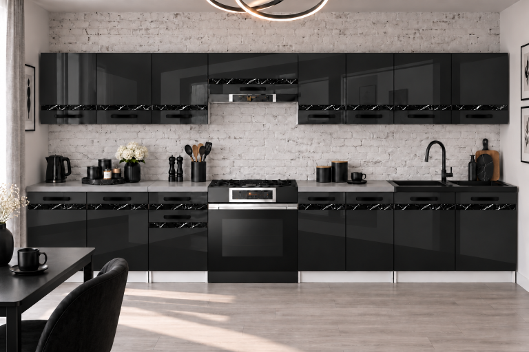 Mobili da cucina Prestige 320 cm nero brillante con piano di lavoro Produttore INF P Vincent/0/WT/B/0/0/CS
