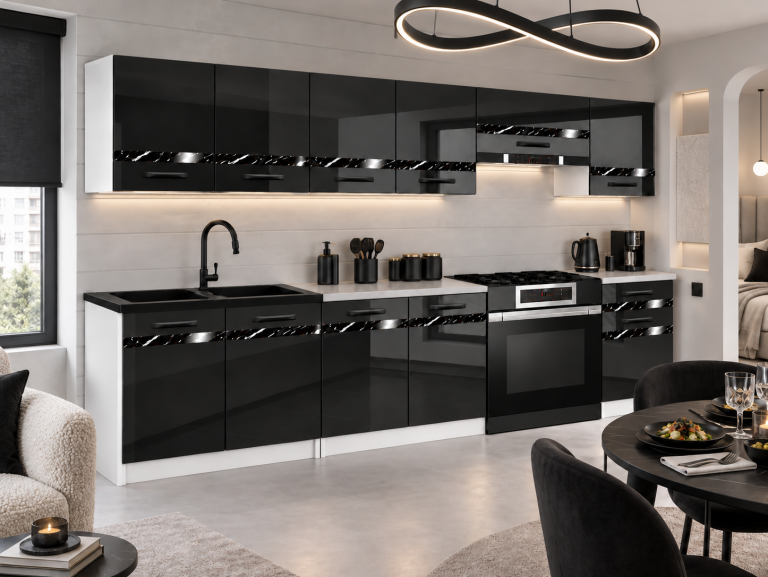 Meble kuchenne Prestige 260 cm czarny połysk z blatem Producent INF P Frida/0/WT/B/0/A1/CS