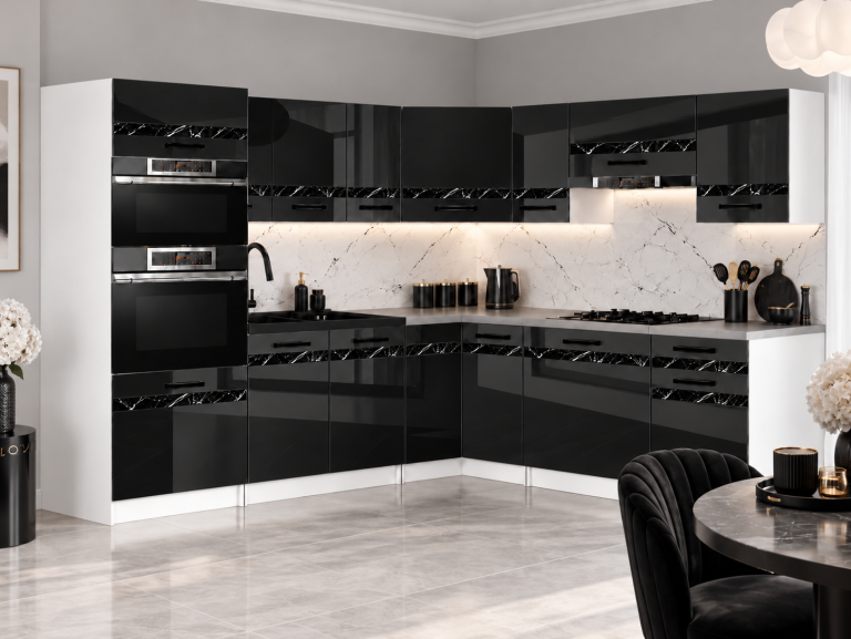 Mobili da cucina Prestige 420 cm nero brillante con piano di lavoro Produttore INF P Diego/0/WT/B/0/0/CS