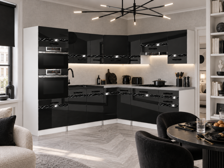 Mobili da cucina Prestige 420 cm nero brillante con piano di lavoro Produttore INF P Diego/0/WT/B/0/A1/CS