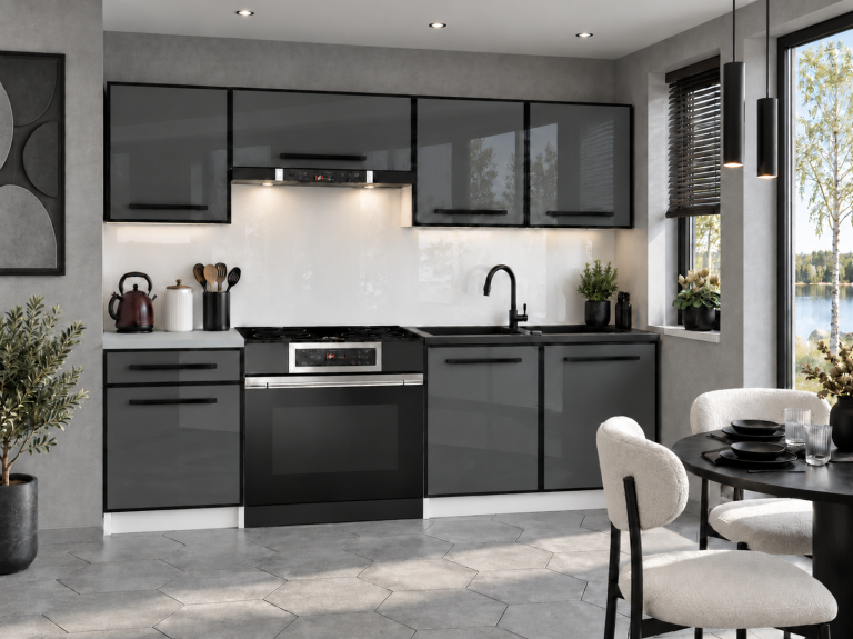 Mobili da cucina Linea 180 cm grigio brillante con piano di lavoro Produttore INF L Leonardo/0/WT/S/0/A1
