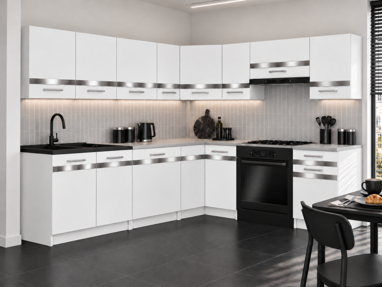 Mobili da cucina Prestige 420 cm bianco opaco con piano di lavoro Produttore TOR P Gustav/0/WT/WT/0/C1/SL