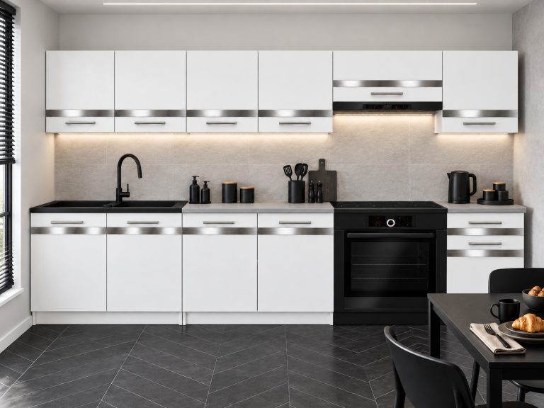 Meble kuchenne Prestige 260 cm biały mat bez blatu Producent TOR P Frida/0/WT/WT/BB/0/SL