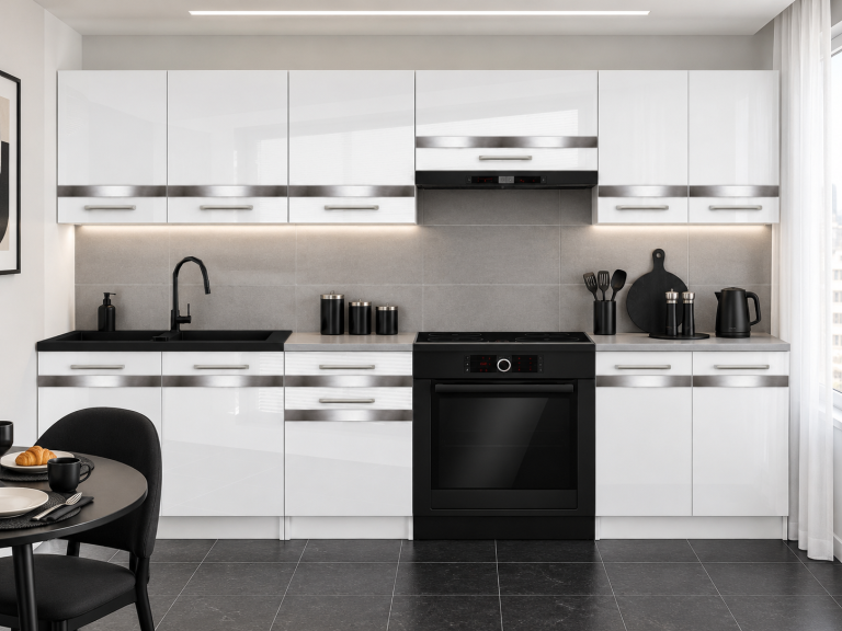 Meble kuchenne Prestige 240 cm biały połysk z blatem Producent INF P Salvador/0/WT/W/0/0/SL