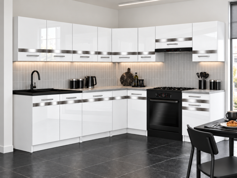 Mobili da cucina Prestige 420 cm bianco brillante senza piano di lavoro Produttore INF P Gustav/0/WT/W/BB/0/SL