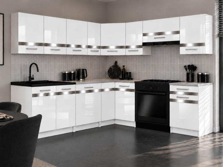 Mobili da cucina Prestige 420 cm bianco brillante senza piano di lavoro Produttore INF P Gustav/0/WT/W/BB/C1/SL