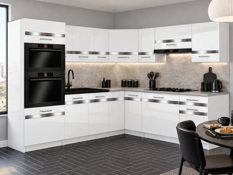 Mobili da cucina Prestige 420 cm bianco brillante senza piano di lavoro Produttore INF P Diego/0/WT/W/BB/0/SL