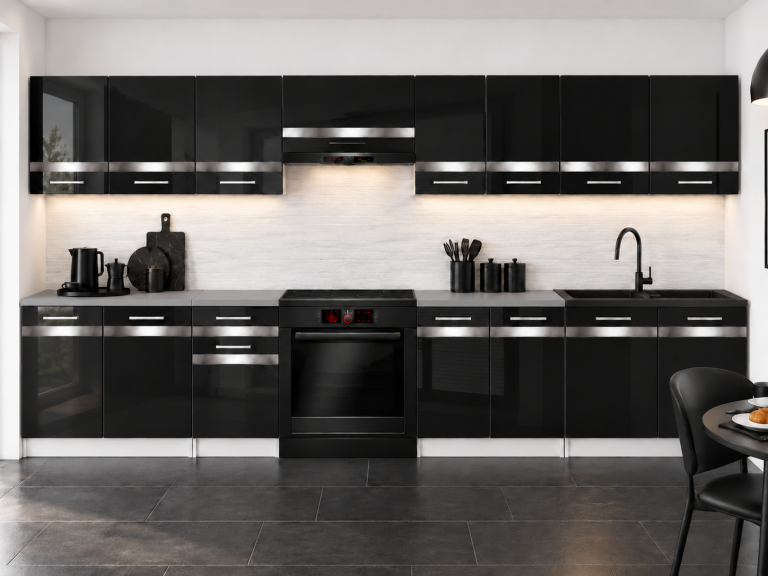 Mobili da cucina Prestige 320 cm nero brillante con piano di lavoro Produttoret INF P Vincent/0/WT/B/0/C1/SL