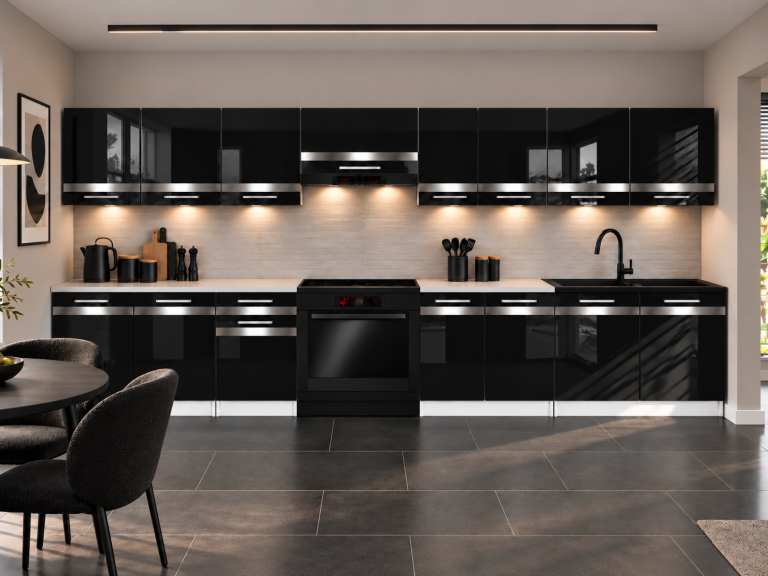 Mobili da cucina Prestige 320 cm nero brillante con piano di lavoro Produttoret INF P Vincent/0/WT/B/0/C1/SL