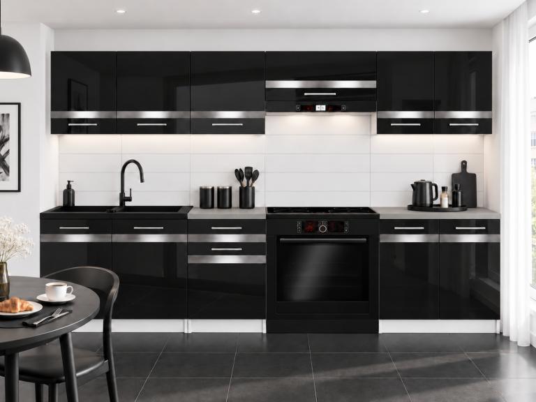 Meble kuchenne Prestige 240 cm czarny połysk z blatem Producent INF P Salvador/0/WT/B/0/0/SL