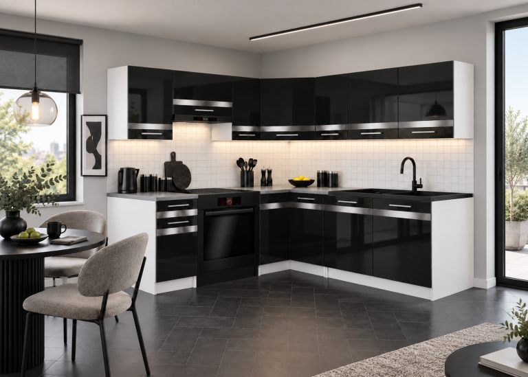 Mobili da cucina Prestige 360 cm nero brillante senza piano di lavoro Produttore INF P Pablo/0/WT/B/BB/C1/SL
