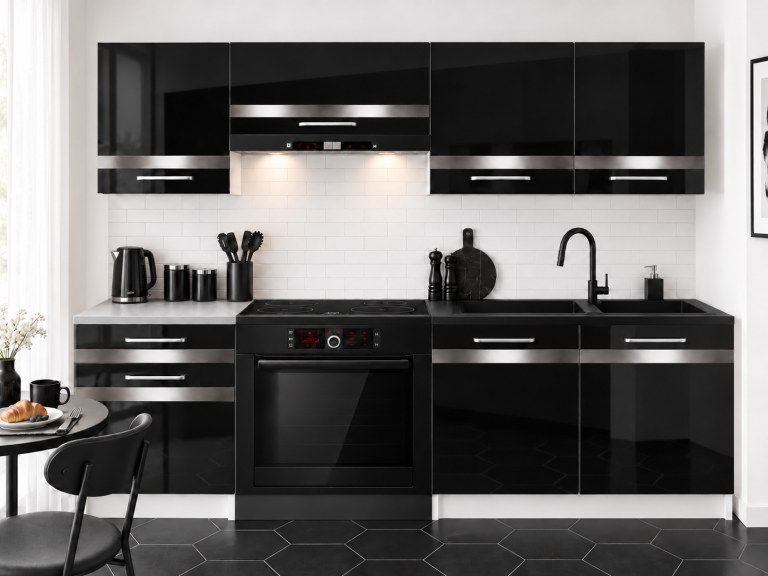 Meble kuchenne Prestige 180 cm czarny połysk z blatem Producent INF P Leonardo/0/WT/B/0/0/SL