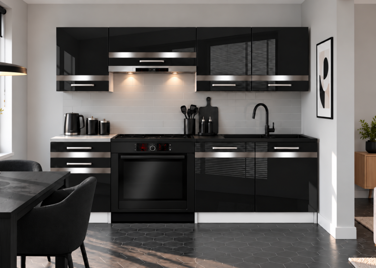Meble kuchenne Prestige 180 cm czarny połysk z blatem Producent INF P Leonardo/0/WT/B/0/0/SL