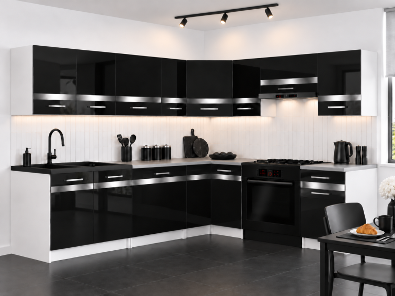 Mobili da cucina Prestige 420 cm nero brillante senza piano di lavoro Produttore INF P Gustav/0/WT/B/BB/0/SL