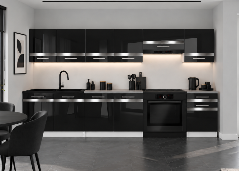 Meble kuchenne Prestige 260 cm czarny połysk z blatem Producent INF P Frida/0/WT/B/0/C1/SL