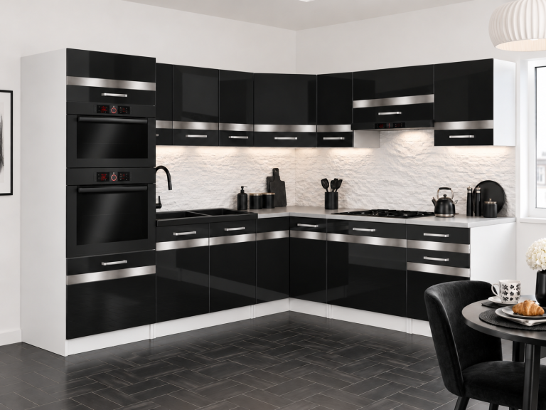 Mobili da cucina Prestige 420 cm nero brillante con piano di lavoro Produttore INF P Diego/0/WT/B/0/C1/SL