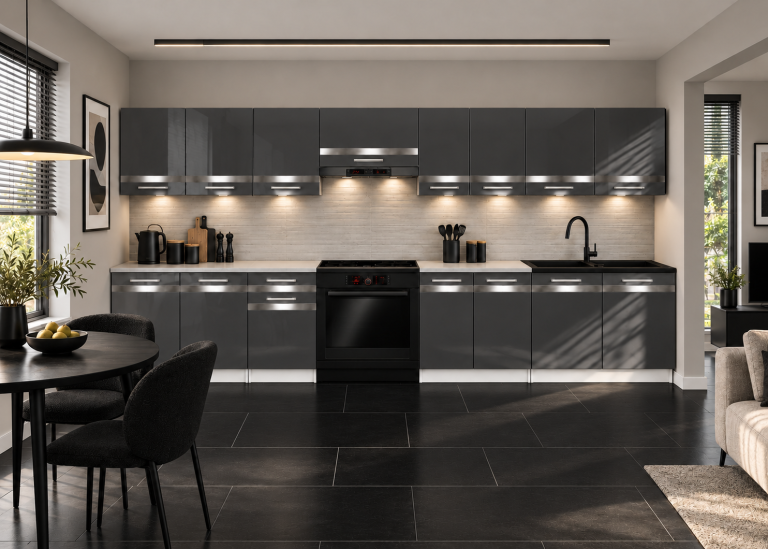 Mobili da cucina Prestige 320 cm grigio brillante con piano di lavoro Produttore INF P Vincent/0/WT/S/0/C1/SL