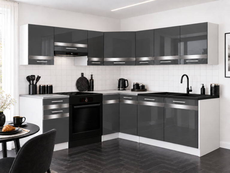 Mobili da cucina Prestige 360 cm grigio brillante senza piano di lavoro Produttore INF P Pablo/0/WT/S/BB/C1/SL