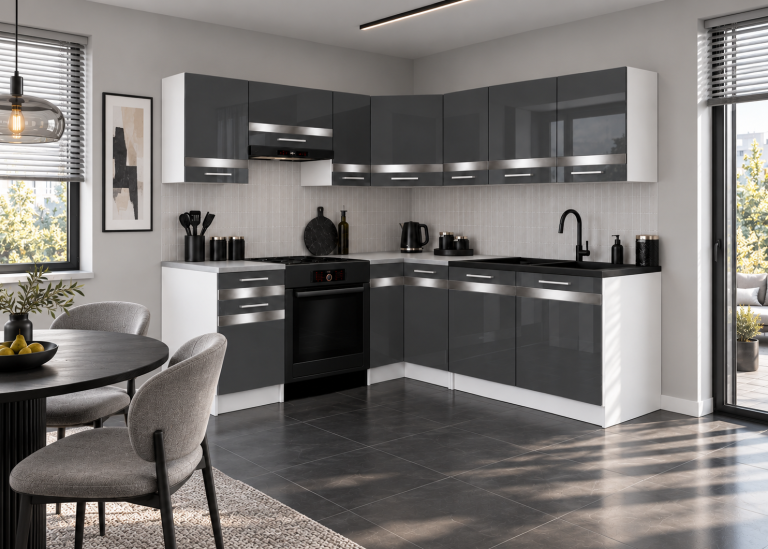 Mobili da cucina Prestige 360 cm grigio brillante senza piano di lavoro Produttore INF P Pablo/0/WT/S/BB/C1/SL