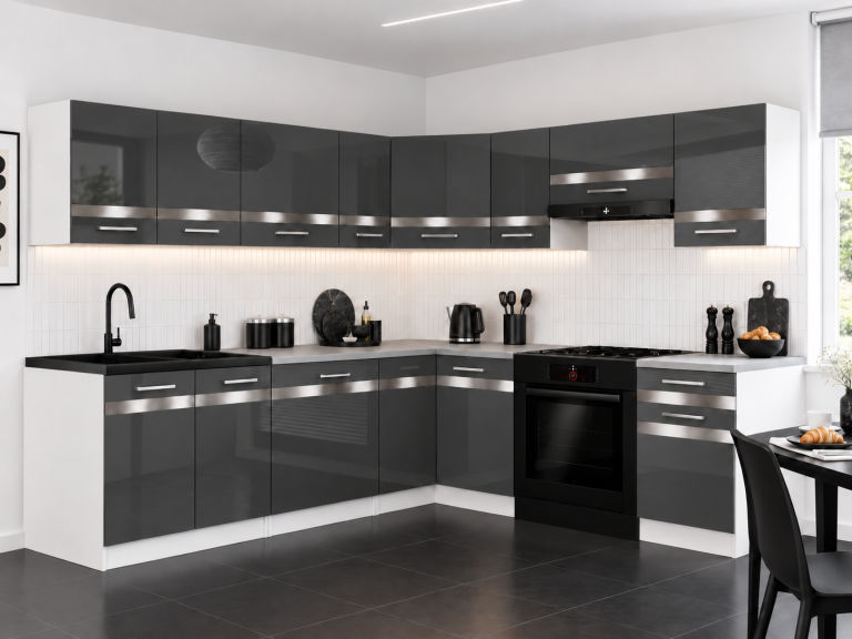 Mobili da cucina Prestige 420 cm grigio brillante senza piano di lavoro Produttore INF P Gustav/0/WT/S/BB/C1/SL