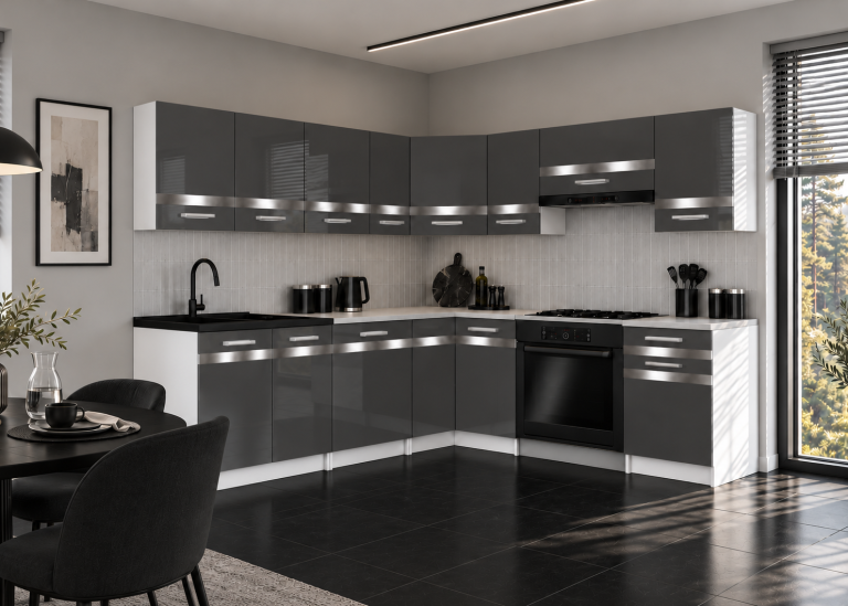 Mobili da cucina Prestige 420 cm grigio brillante senza piano di lavoro Produttore INF P Gustav/0/WT/S/BB/C1/SL