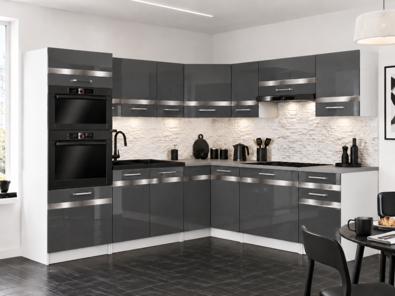 Mobili da cucina Prestige 420 cm grigio brillante senza piano di lavoro Produttore INF P Diego/0/WT/S/BB/0/SL