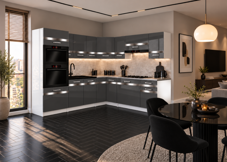 Mobili da cucina Prestige 420 cm grigio brillante senza piano di lavoro Produttore INF P Diego/0/WT/S/BB/C1/SL