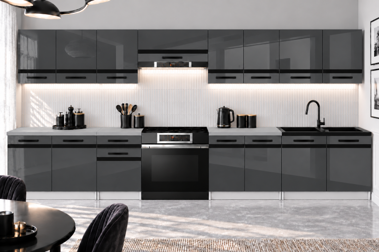 Mobili da cucina Prestige 320 cm grigio brillante con piano di lavoro Produttore INF P Vincent/0/WT/S/0/A1/CM