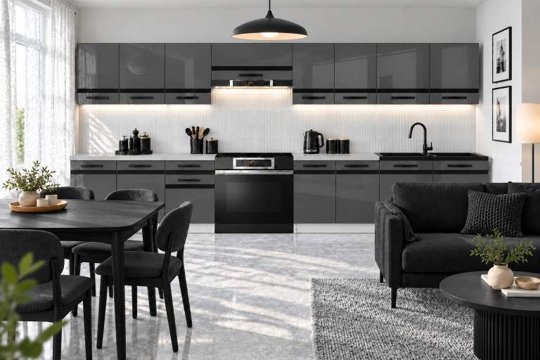 Mobili da cucina Prestige 320 cm grigio brillante con piano di lavoro Produttore INF P Vincent/0/WT/S/0/A1/CM