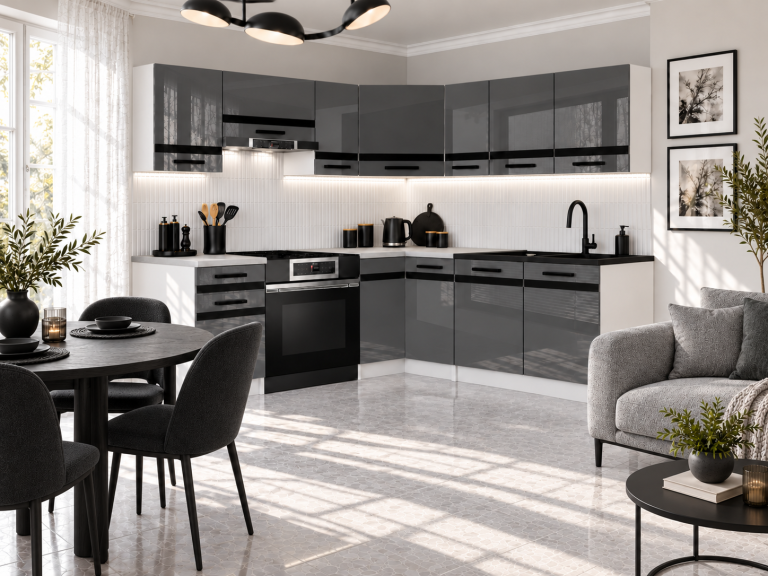 Mobili da cucina Prestige 360 cm grigio brillante con piano di lavoro Produttore INF P Pablo/0/WT/S/0/A1/CM