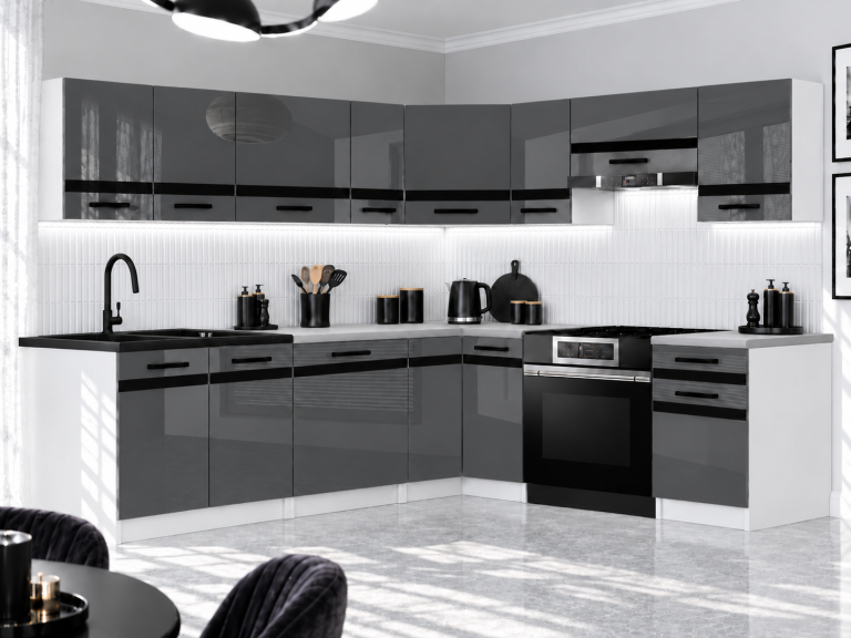 Mobili da cucina Prestige 420 cm grigio brillante senza piano di lavoro Produttore INF P Gustav/0/WT/S/BB/A1/CM