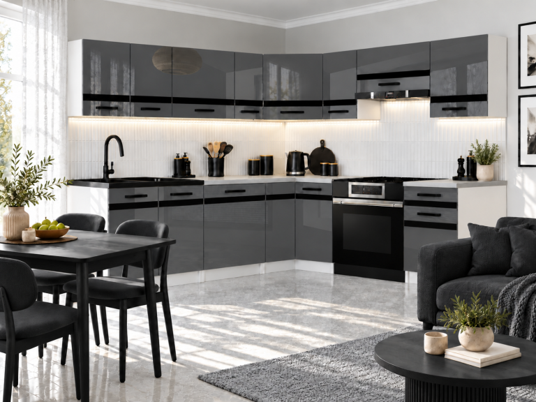Mobili da cucina Prestige 420 cm grigio brillante senza piano di lavoro Produttore INF P Gustav/0/WT/S/BB/A1/CM