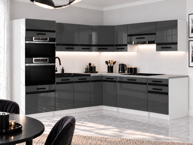 Mobili da cucina Prestige 420 cm grigio brillante con piano di lavoro Produttore INF P Diego/0/WT/S/0/A1/CM