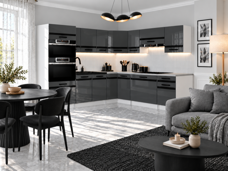 Mobili da cucina Prestige 420 cm grigio brillante con piano di lavoro Produttore INF P Diego/0/WT/S/0/A1/CM