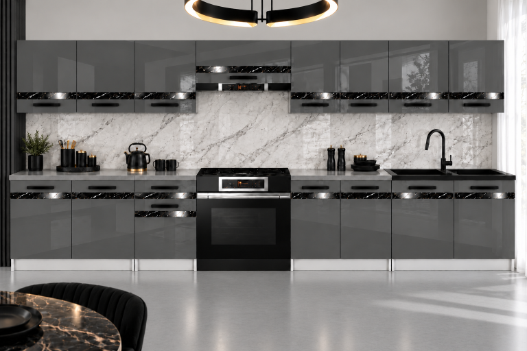 Mobili da cucina Prestige 320 cm grigio brillante senza piano di lavoro Produttore INF P Vincent/0/WT/S/BB/0/CS