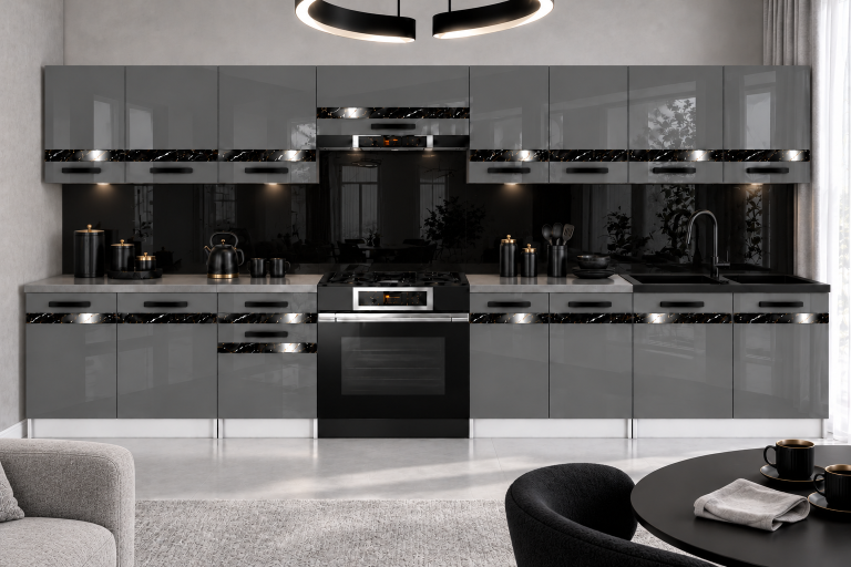 Mobili da cucina Prestige 320 cm grigio brillante senza piano di lavoro Produttore INF P Vincent/0/WT/S/BB/A1/CS
