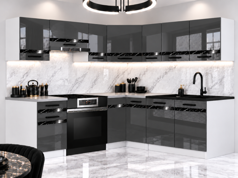 Mobili da cucina Prestige 360 cm grigio brillante con piano di lavoro Produttore INF P Pablo/0/WT/S/0/A1/CS